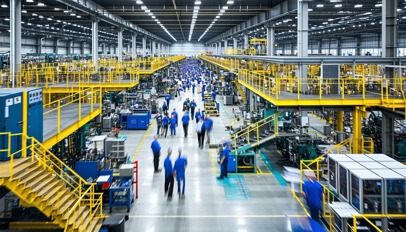 A vibrant factory floor bustling with activity, sy
